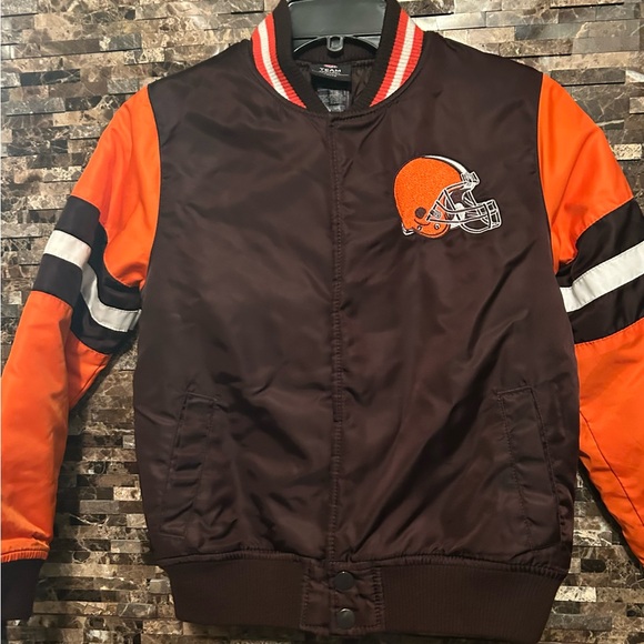BOYS  Brown and Orange  CLEVELAND BROWNS  Jacket Embroidered letters and helmet - Picture 2 of 11